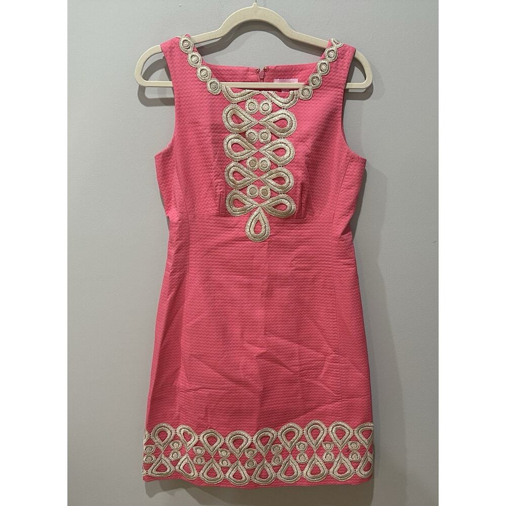 Lilly Pulitzer Shift Dress Hot Pink Gold‎ Embroidery Lined Size 6